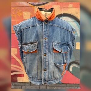 Vintage Distressed Denim Vest | Hunter Orange Accents 2XL